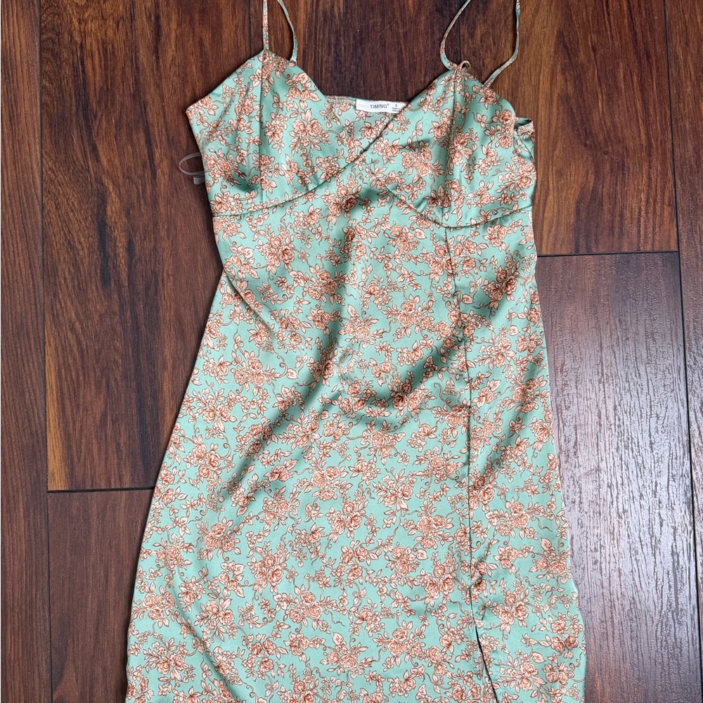 Timing Green and Orange Floral Mini Dress